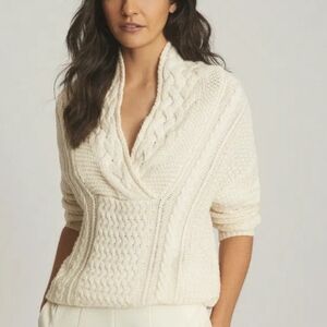 RARE Reiss Cashmere Wool Notch Neck Cable Knit Sweater Cream S